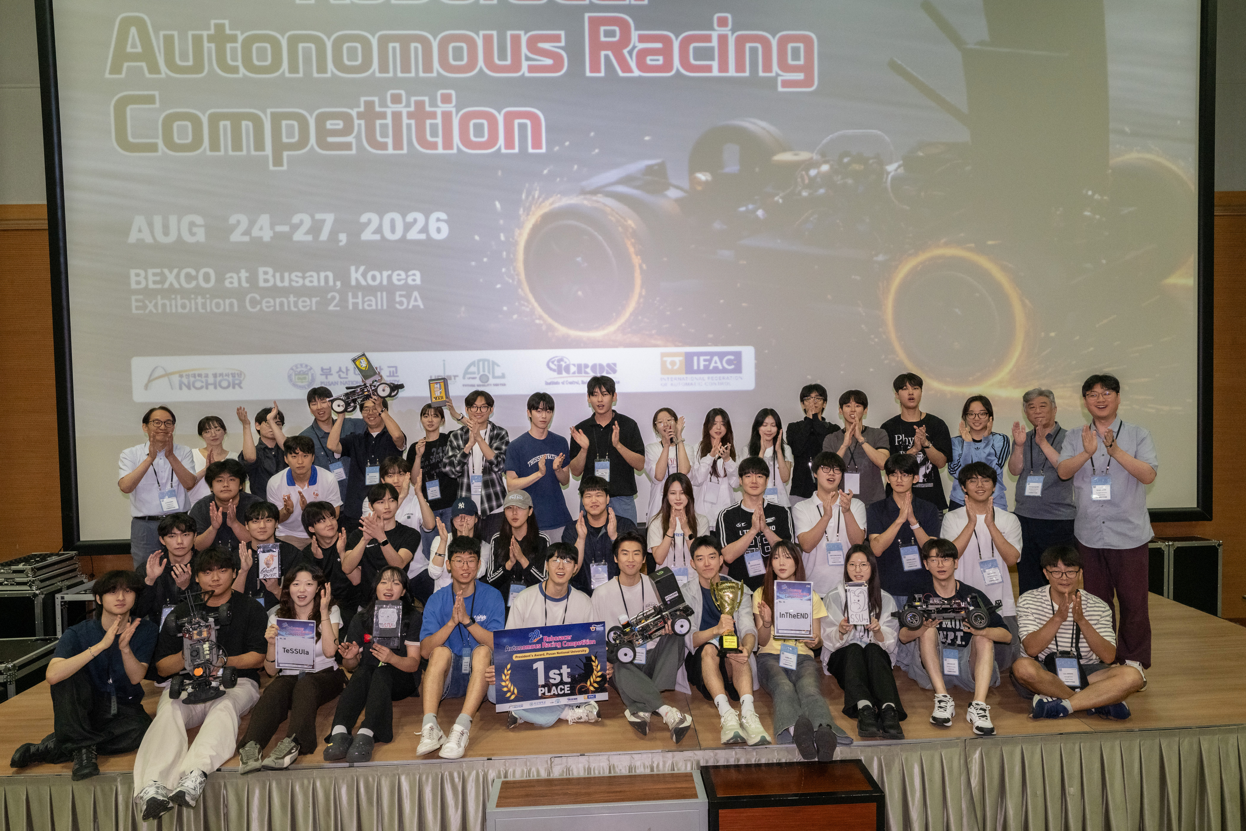 Award ceremony group photo at the 2026 IFAC RoboRacer competition