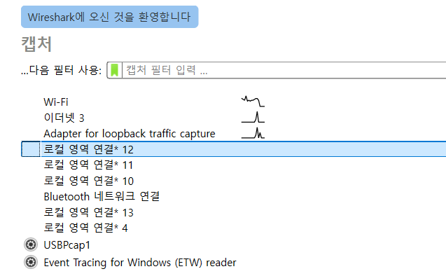 Wireshark 네트워크 인터페이스 목록